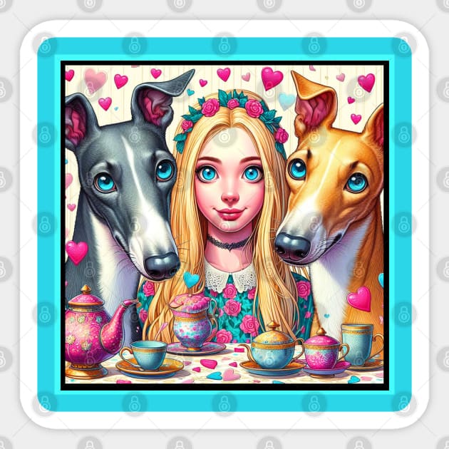 Young Girl and her Greyhounds Tea Party Sticker by Greyhounds Are Greyt